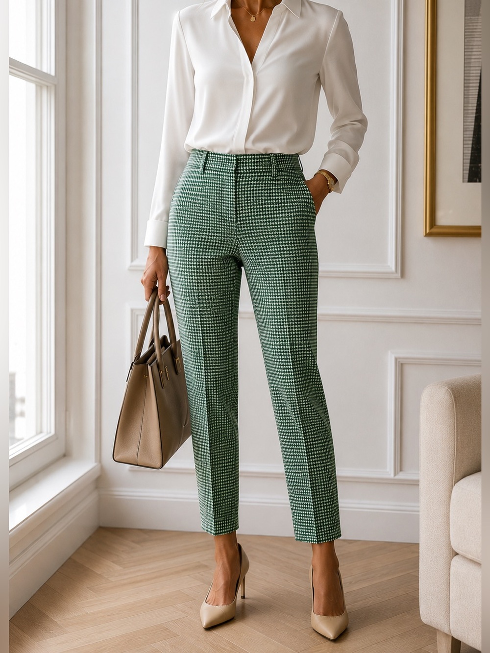 Ann Taylor Eva Curvy Ankle Pants Green Houndstooth Career Stretch 00P Dress